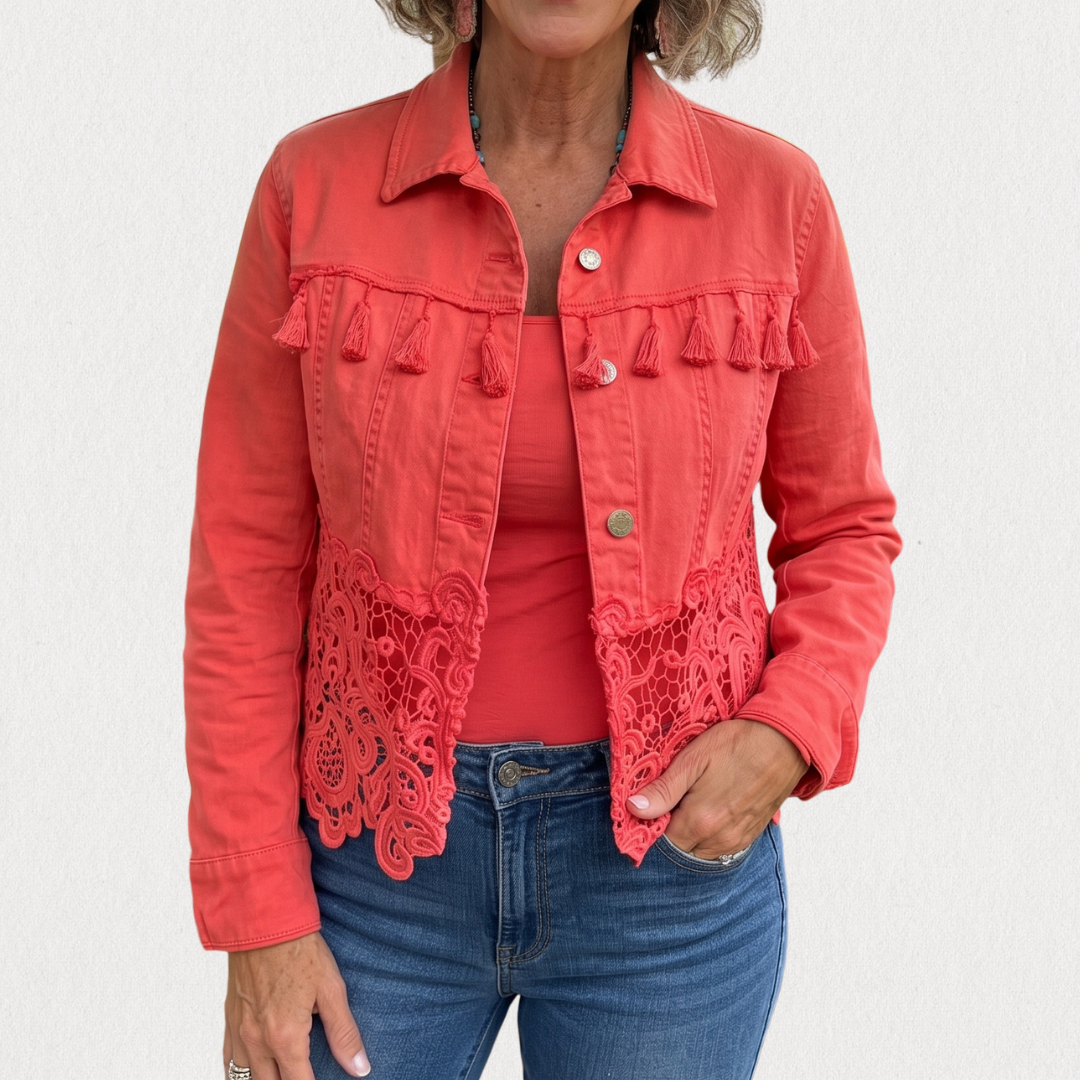 Jaimy -Cropped Jacket with Fringe and Lace Hem