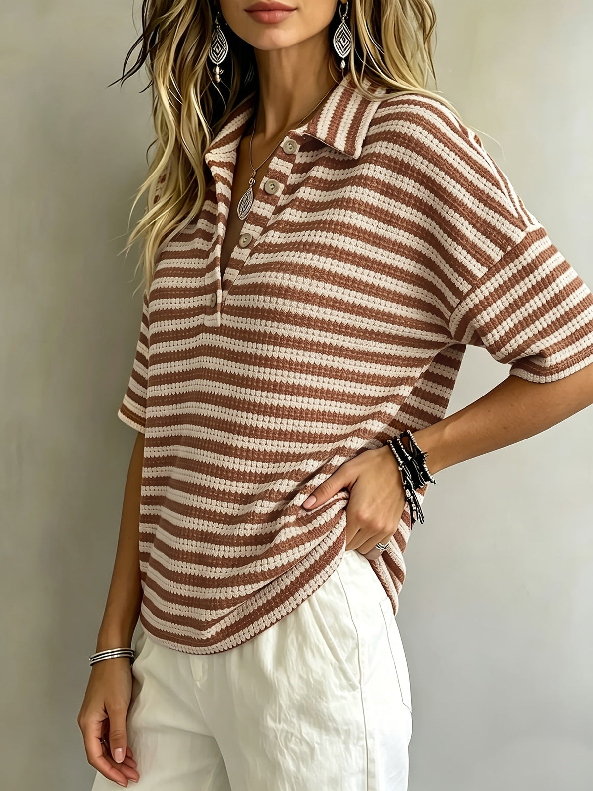 Marissa | Striped Waffle Polo Top