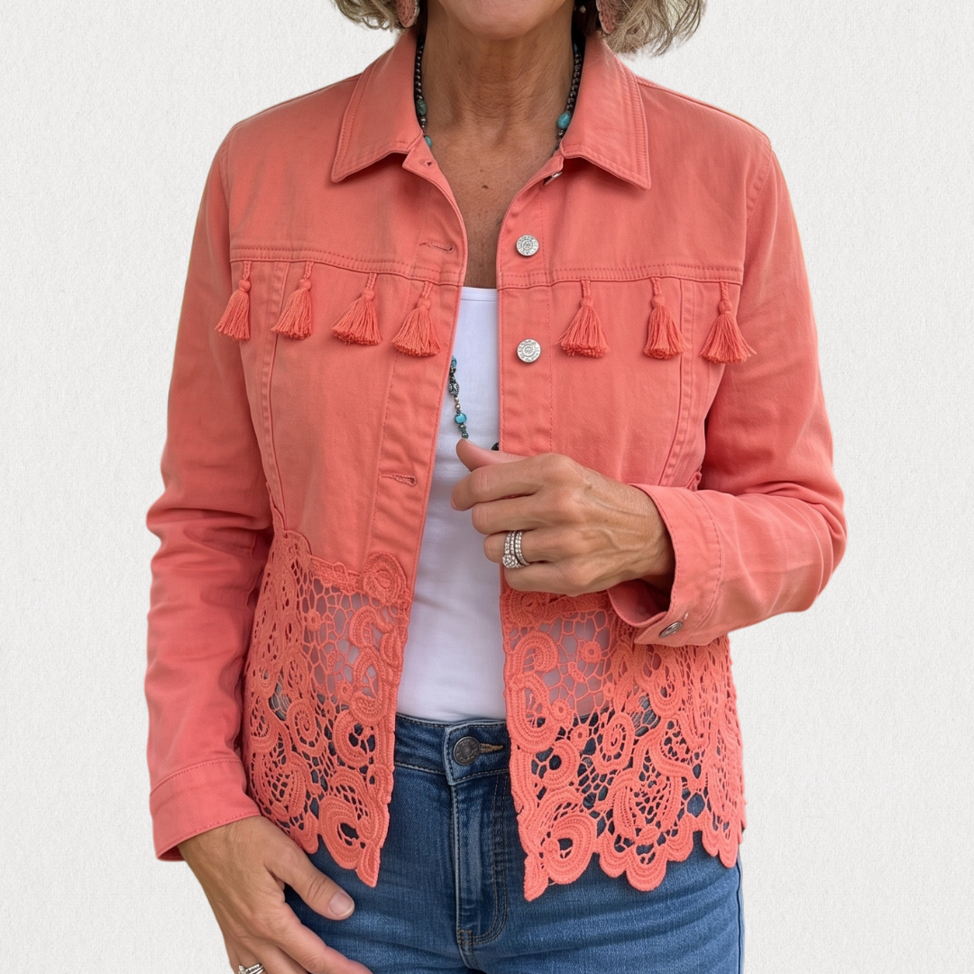 Jaimy -Cropped Jacket with Fringe and Lace Hem