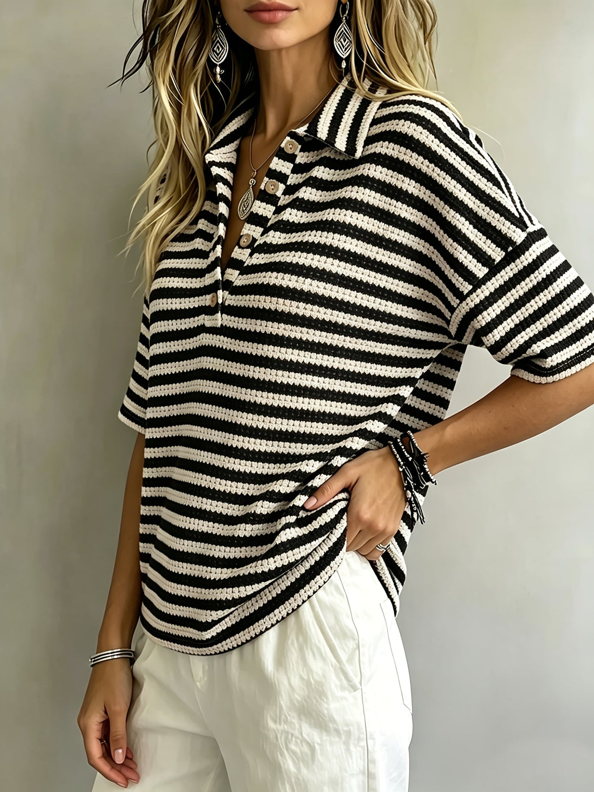 Marissa | Striped Waffle Polo Top