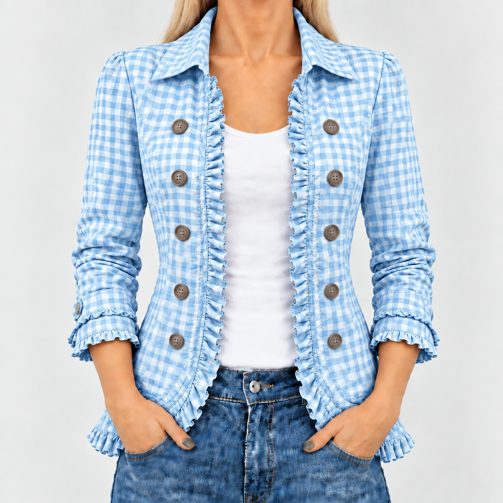 Charlene™ - Ruffled Gingham Button-Up Jacket