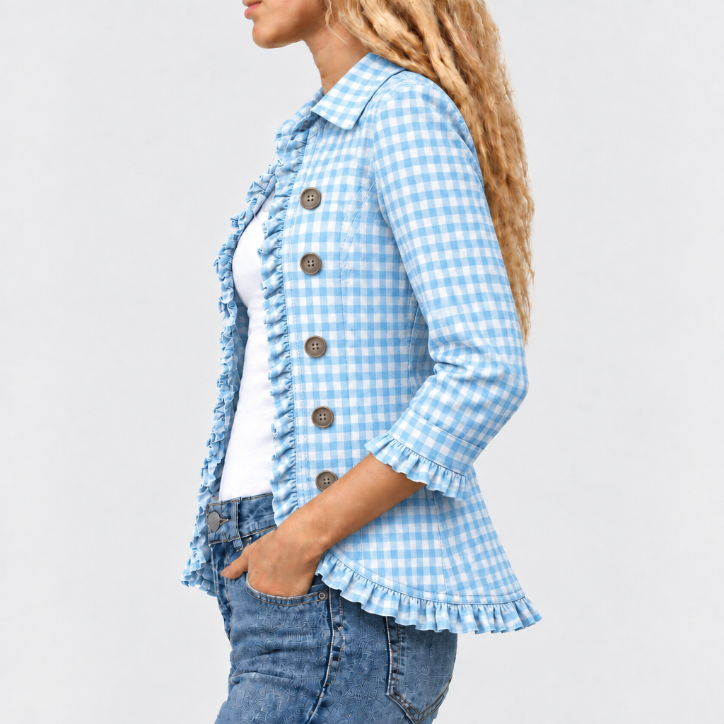 Charlene™ - Ruffled Gingham Button-Up Jacket