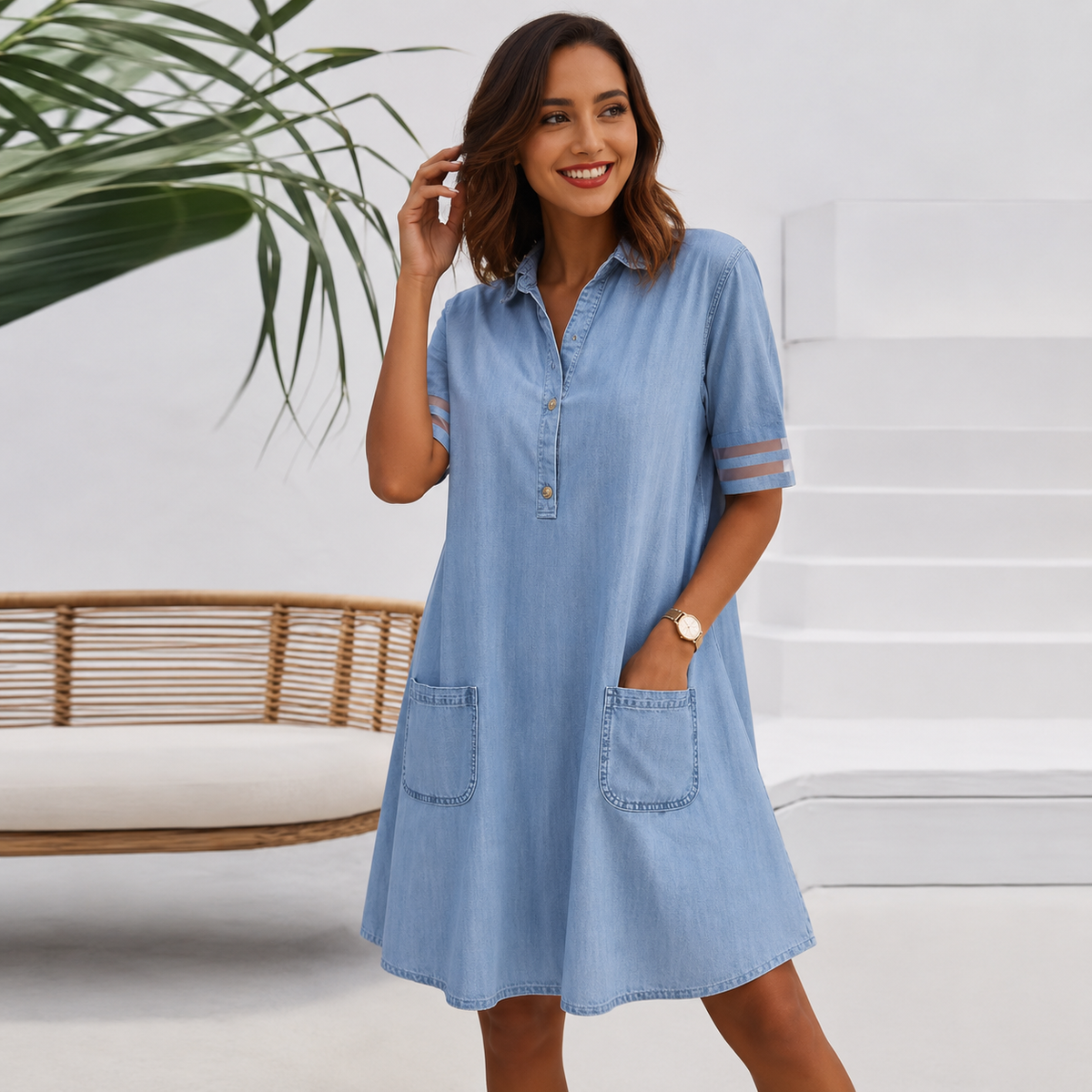 Brittany™ | Tummy-Contouring Denim-Look Blouse Dress