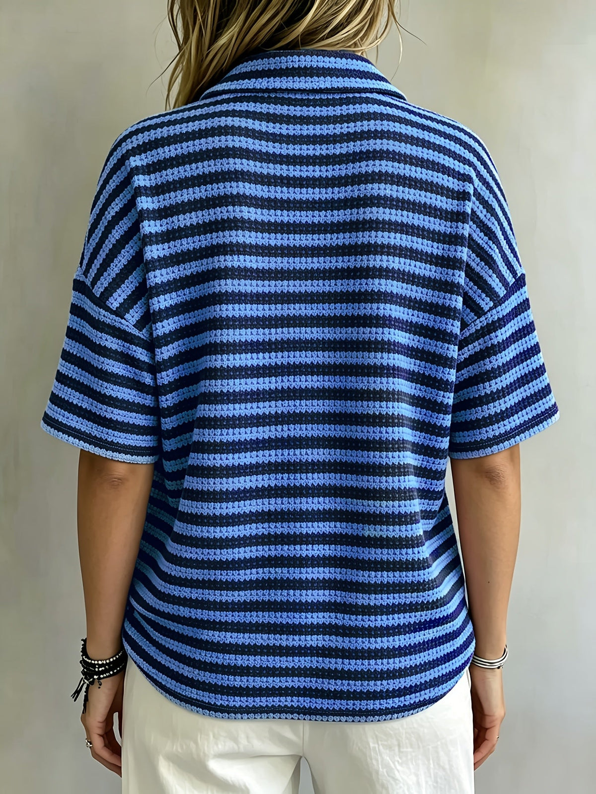 Marissa | Striped Waffle Polo Top