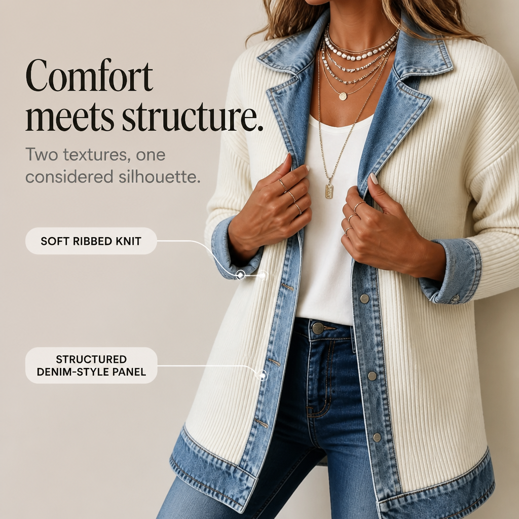 Ruby – Ribbed Knit Coat With Denim Panels