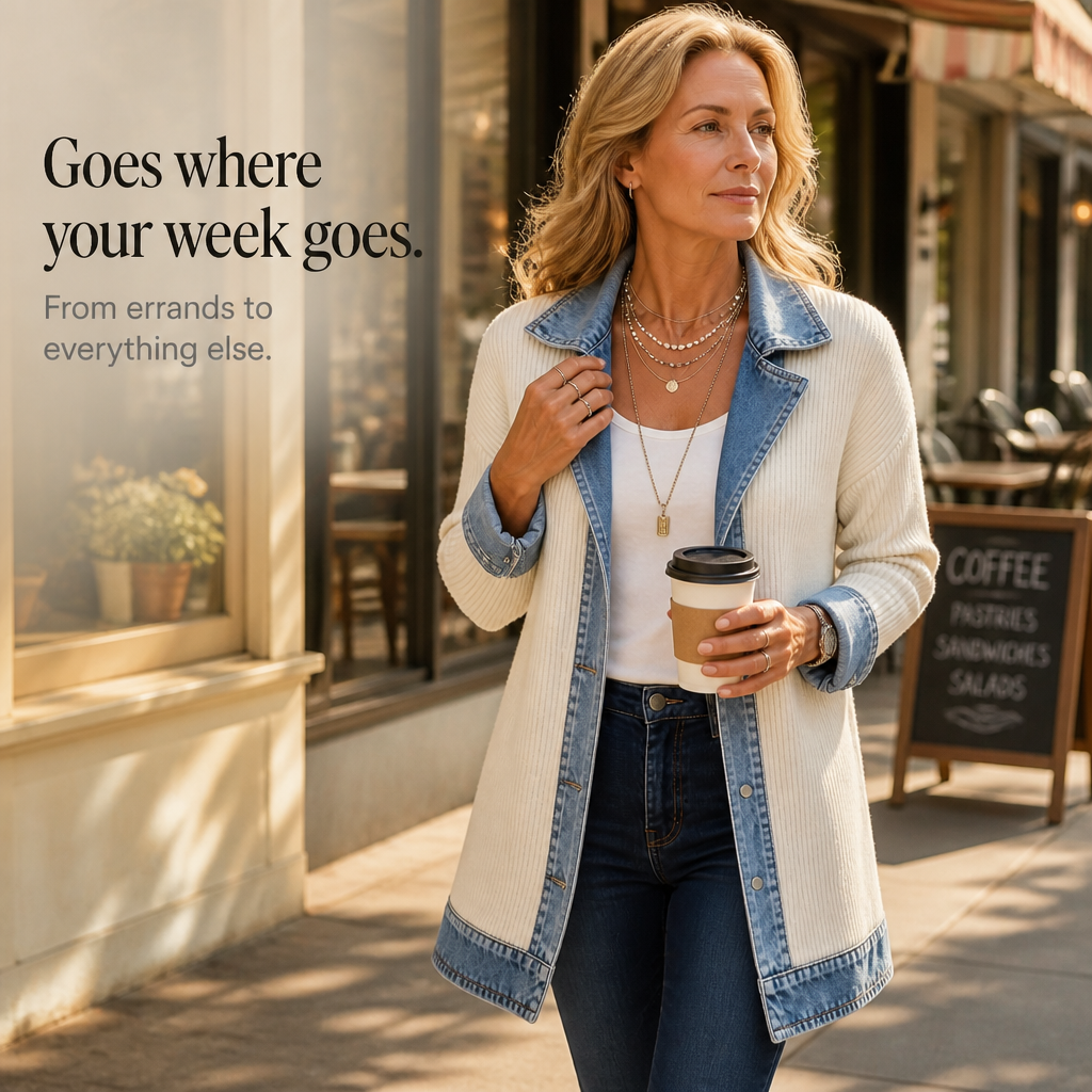 Ruby – Ribbed Knit Coat With Denim Panels