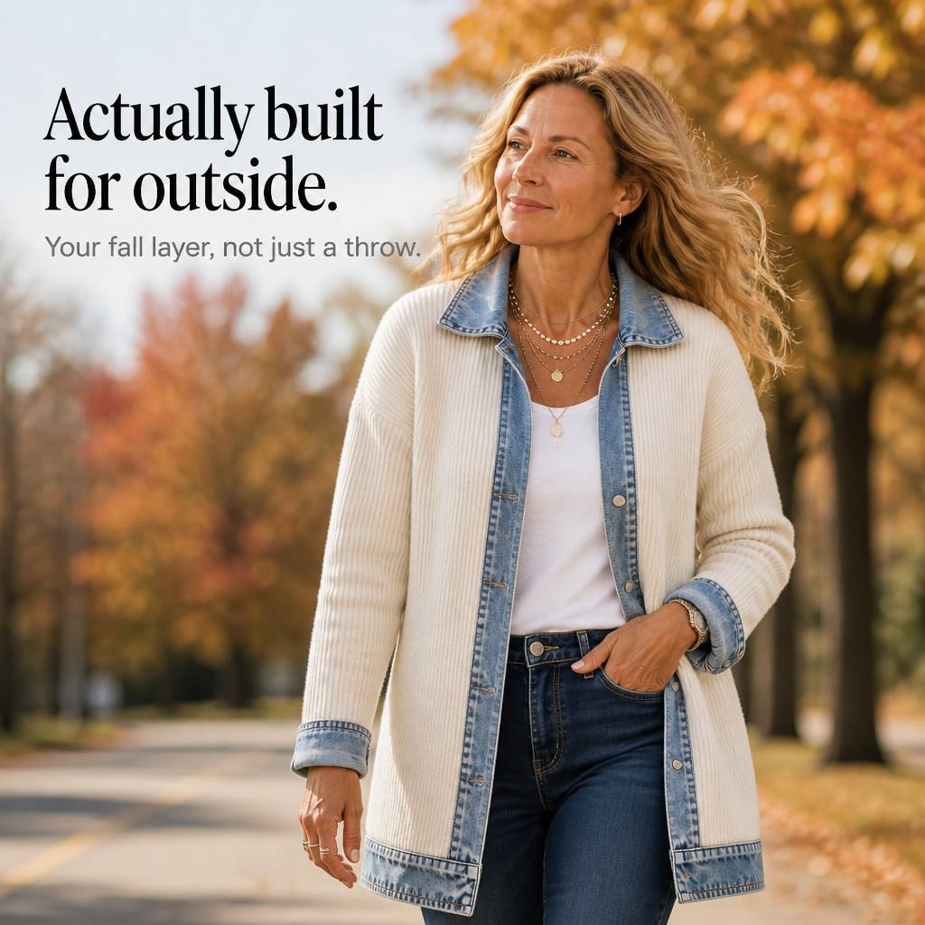 Ruby – Ribbed Knit Coat With Denim Panels