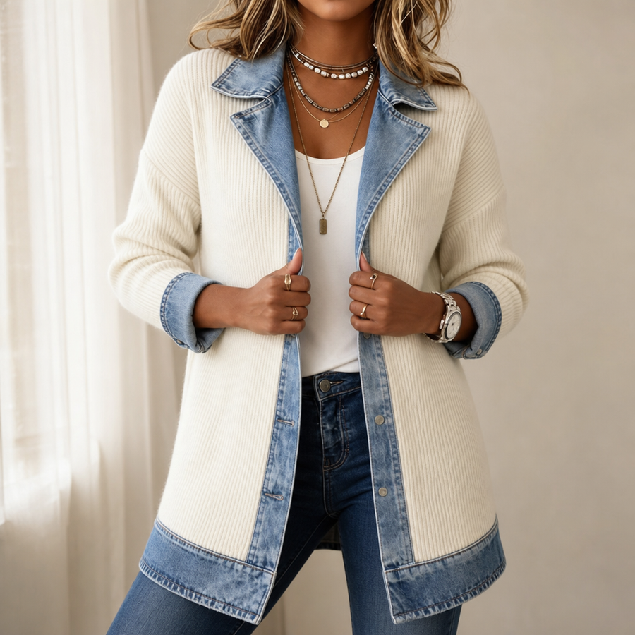Ruby – Ribbed Knit Coat With Denim Panels