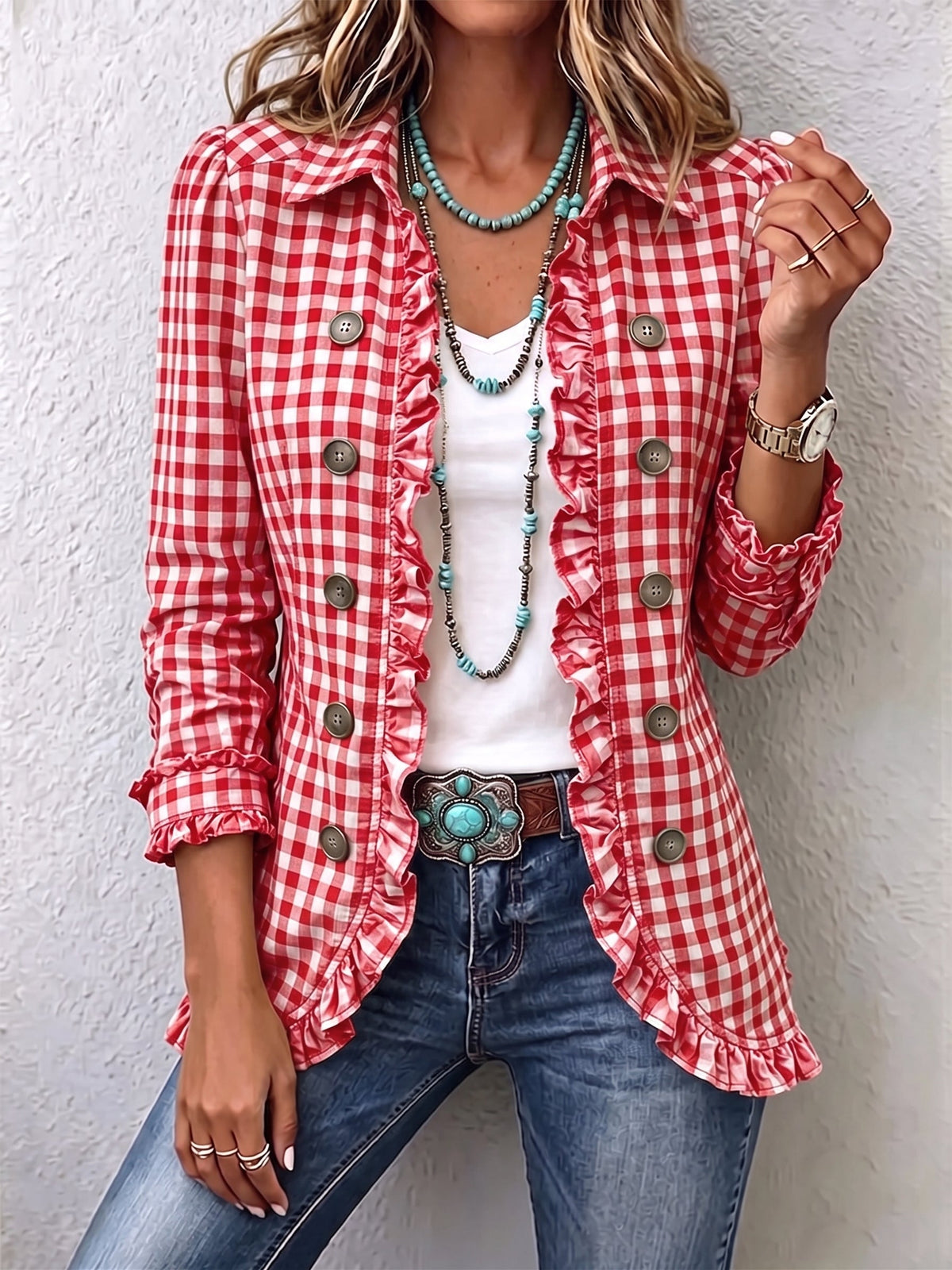 Charlene™ - Ruffled Gingham Button-Up Jacket