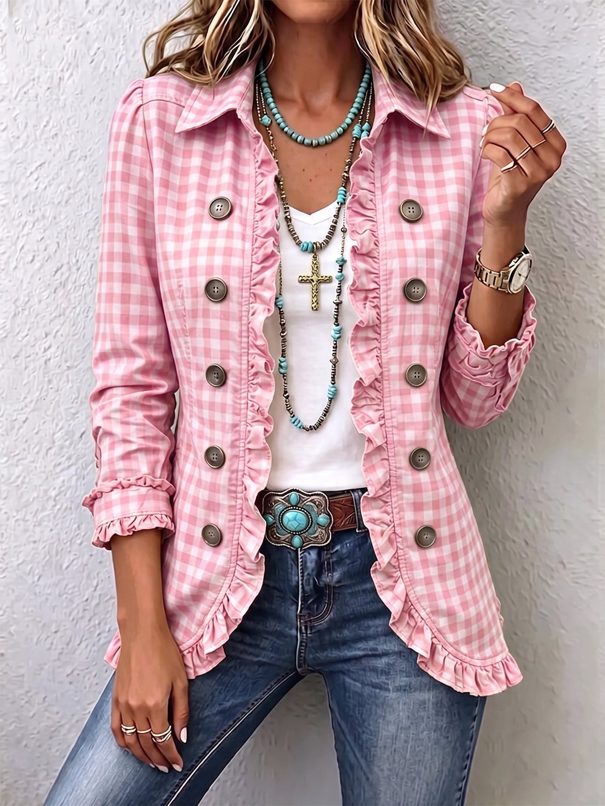 Charlene™ - Ruffled Gingham Button-Up Jacket