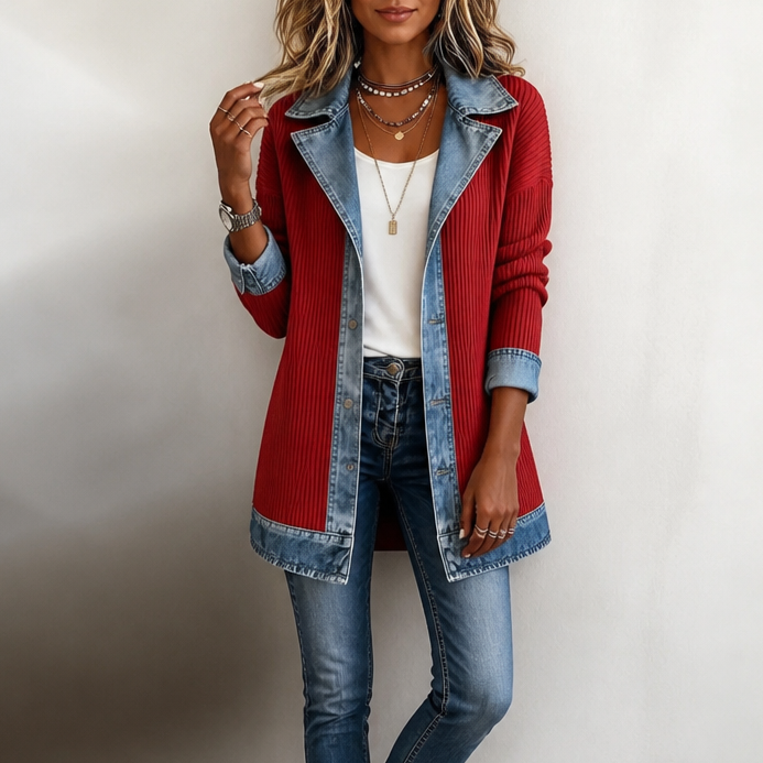 Ruby – Ribbed Knit Coat With Denim Panels
