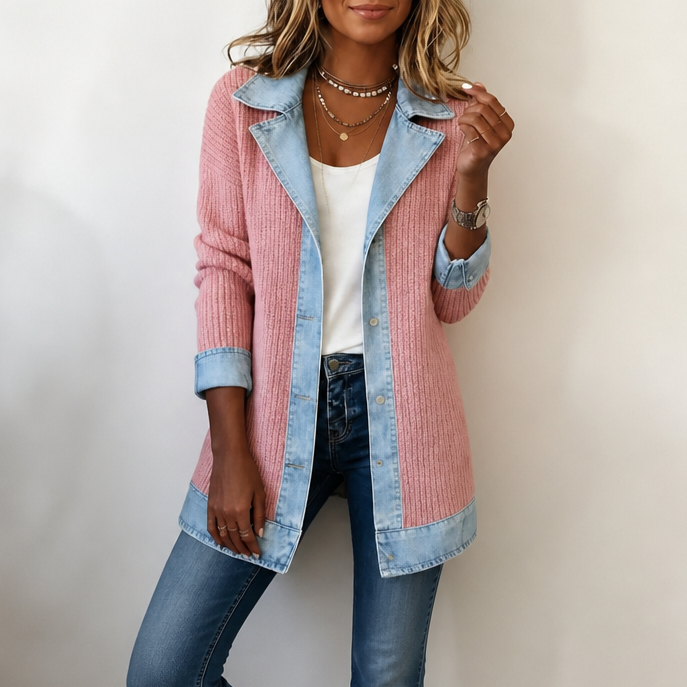 Ruby – Ribbed Knit Coat With Denim Panels